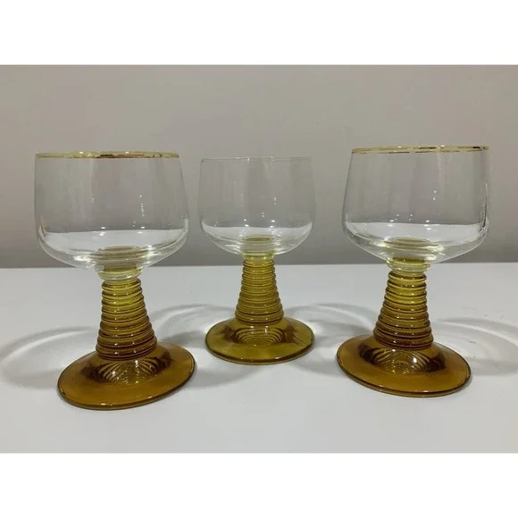 Vintage MCM Roemer Amber Beehive Gold Rim Glasses Set Of 3 - Picture 2 of 5